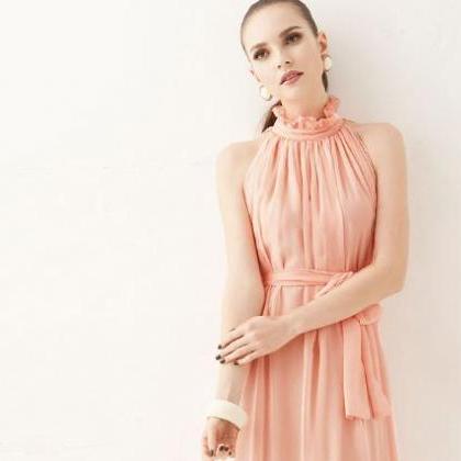 Elegant Chiffon Ruffled Sleeveless Dress In Pink