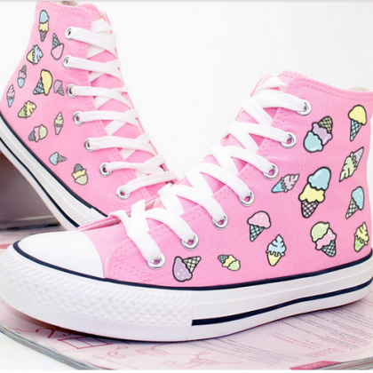 Pink Lace-up Ankle High Sneakers With Cartoon Ice..