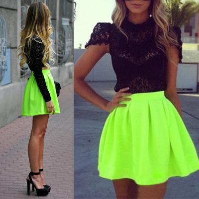 Womens Fluorescent Green Pleated High Waist Skater Tutu Skirt Short Skirt