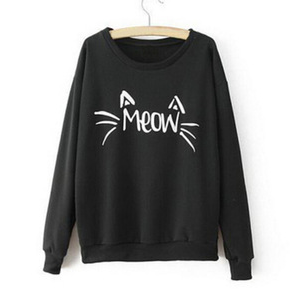 Pure Color Round Neck Long Sleeve Letters Cat T-Shirt MS
