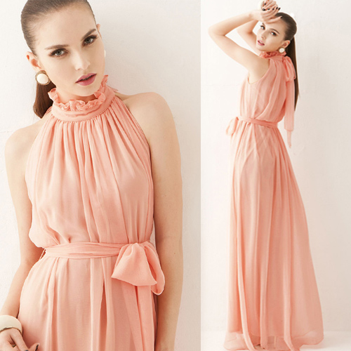 Elegant Chiffon Ruffled Sleeveless Dress In Pink