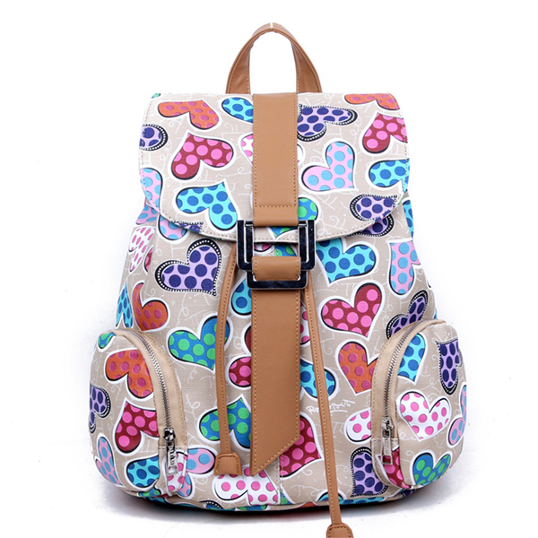 Women's Full Multicolour Hearts Print Pu School Bag Travel Backpack