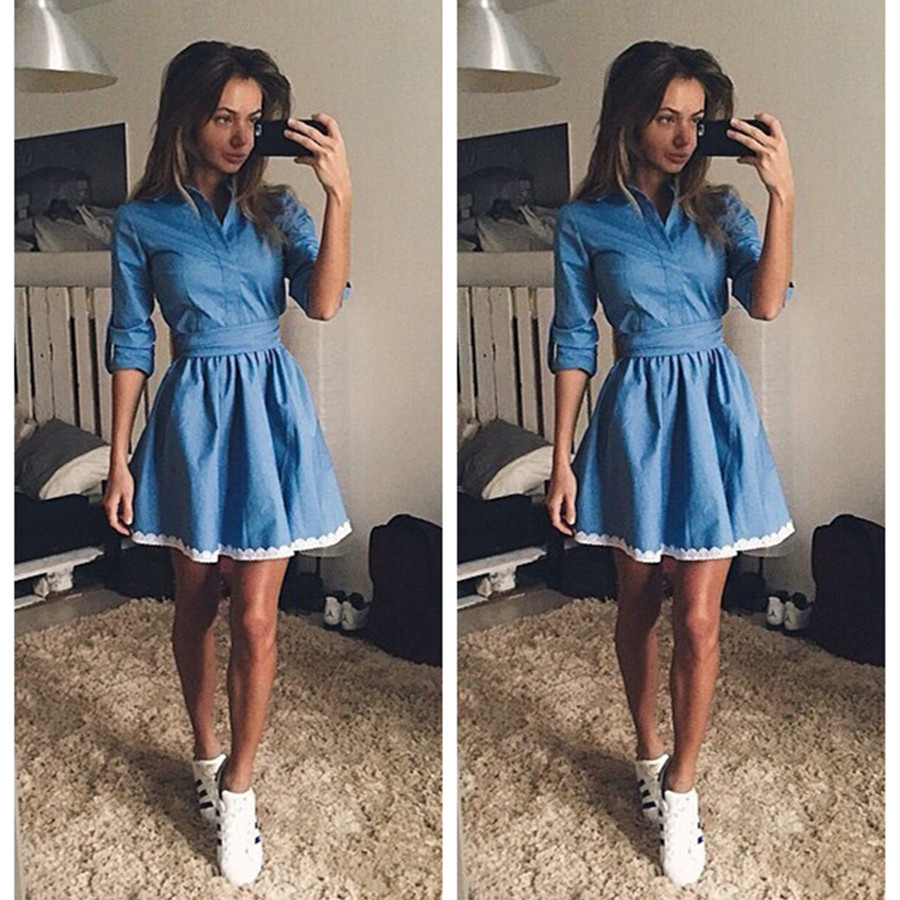 Denim dress with outlet lace trim