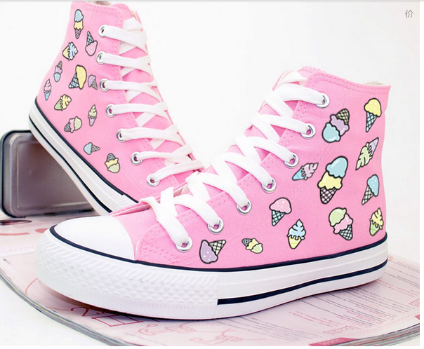 Pink Lace-up Ankle High Sneakers With Cartoon Ice Cream Print