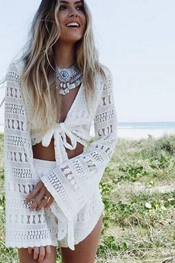 Cute Sexy White Lace Bow Two Piece Romper